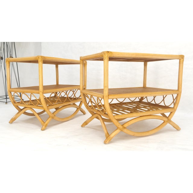 Pair Rattan Bamboo Grass Cloth Top Two Tier End Side Tables Stands Magazine Rack For Sale - Image 12 of 14