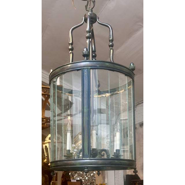 Huge Charles Pollock Patinated Bronze & Glass Hall Lantern Chandelier.