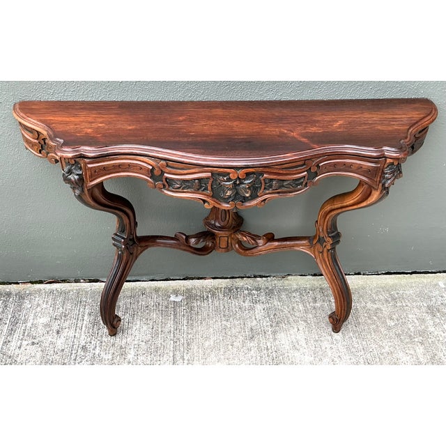 Wood Vintage Hand Carved Demilune Wall Mount Console Table For Sale - Image 7 of 12