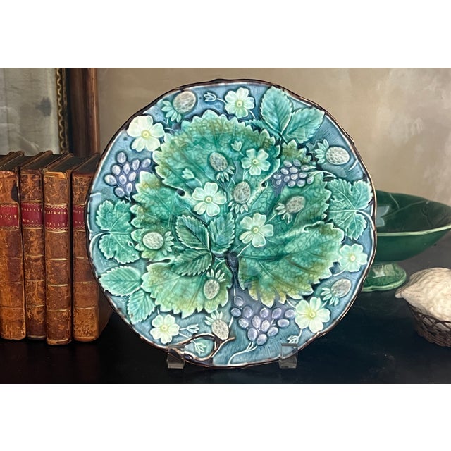 Antique Swedish majolica plate made by Rörstrand in the 1880's. The majolica plate is decorated with leaf on a light blue...