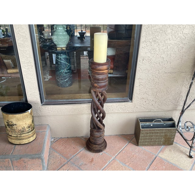 Farmhouse Vintage Indonesian Bali Carved Woodend Barley Twist Floor Candle Stand Holder For Sale - Image 3 of 5