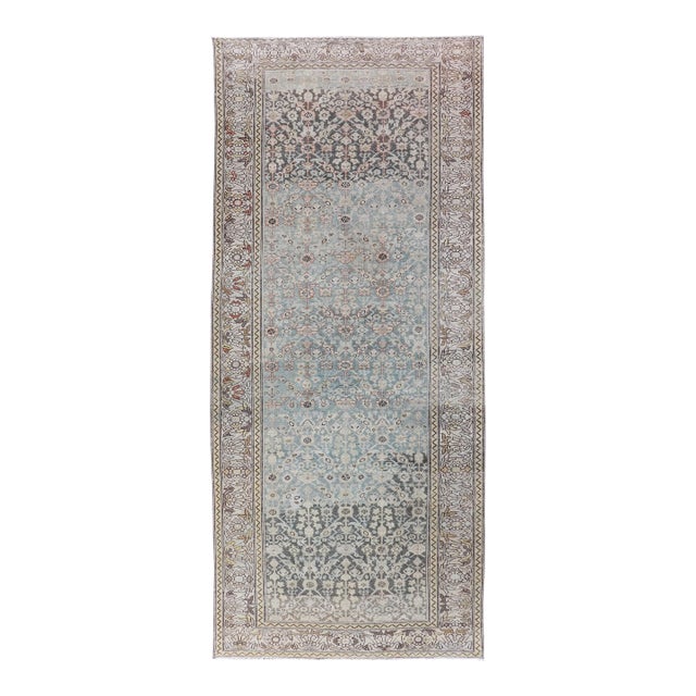 Antique Persian Malayer Gallery Rug With Light Blue Abrash Field Design For Sale