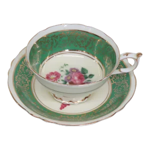 Paragon Hm Queen Mary Green Flowers Bone China Set of Tea Cup and Saucer