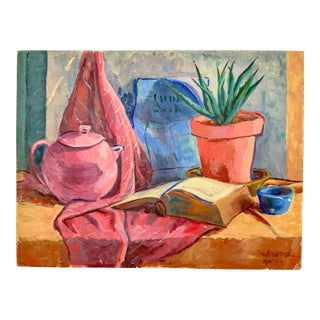 Post Impressionist Colorful Original Painting Still Life, Signed, 1944 For Sale