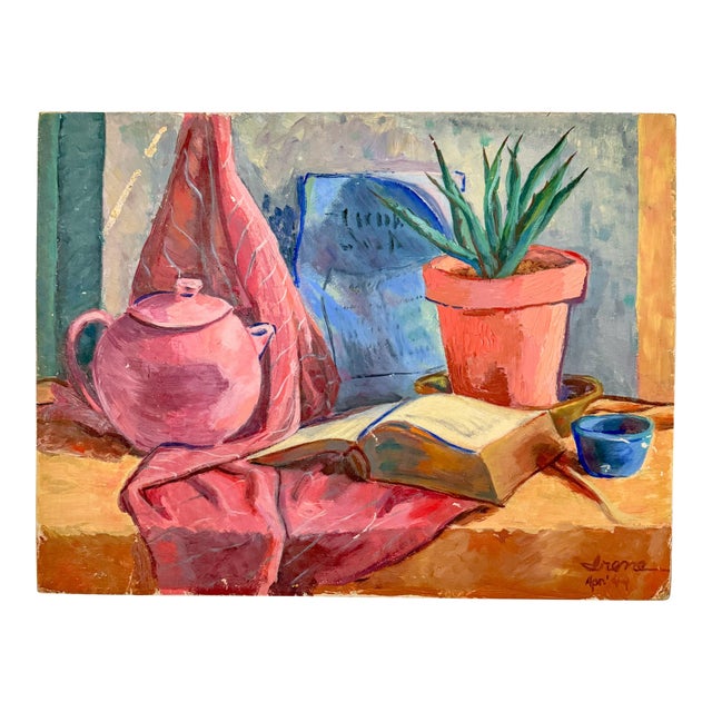 Post Impressionist Colorful Original Painting Still Life, Signed, 1944 For Sale