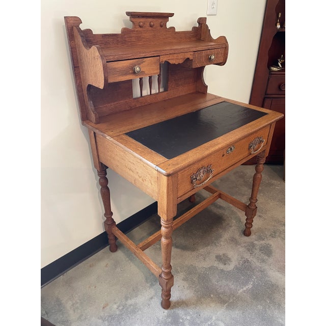 Beautiful Vintage Oak Writers Desk Black top writing area 28” Width 19 1/2” Depth 29 1/4” Floor to black top writing...