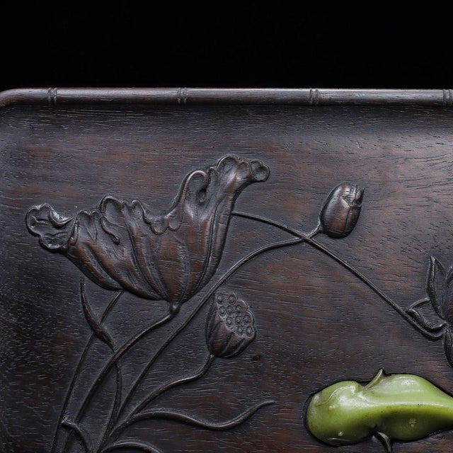 Chinese Red Huali Wood Tray With Jade Inlay Lotus & Fish Motif – Handcrafted Auspicious Serving Tray For Sale - Image 6 of 10