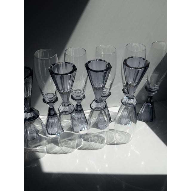 Vintage Art Deco Revival Crystal Champagne Glasses with Purple Stems, Italy, 1980s, Set of 10 For Sale - Image 6 of 9