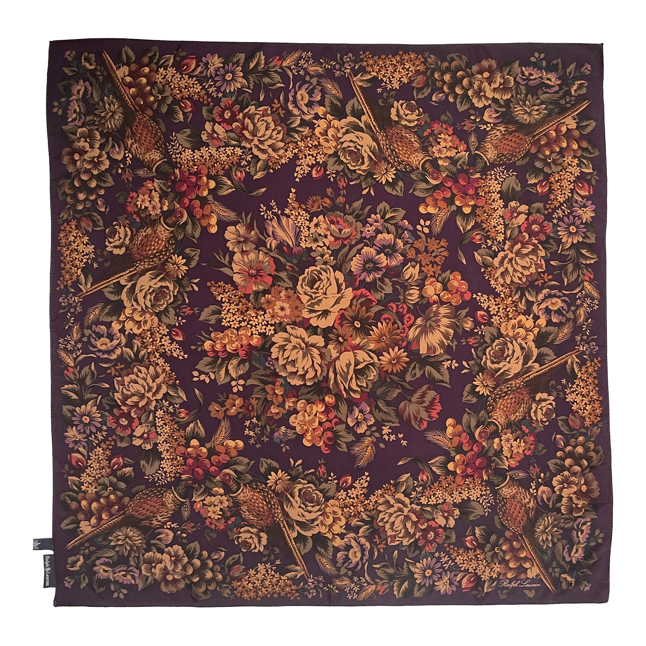 1990s Ralph Lauren Silk Floral and Pheasant Scarf - | Chairish