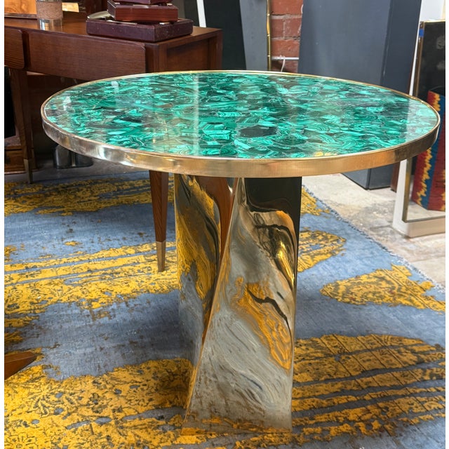 Contemporary Round Malachite Stone Top Dining Table With Solid Brass Base For Sale In Los Angeles - Image 6 of 8