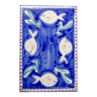 Late 20th Century Italian Ceramic Tile Trivet Hand Painted Swimming Fish For Sale
