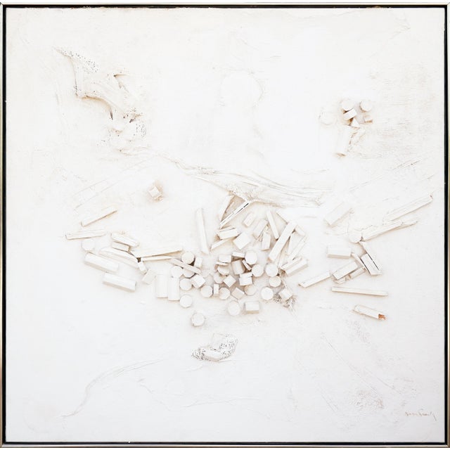 Juan Sanchez-Juarez Modern Abstract Monochromatic White Assemblage Construction Sculpture on Canvas, Late 20th Century For Sale