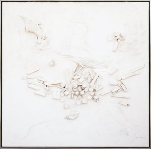 Juan Sanchez-Juarez Modern Abstract Monochromatic White Assemblage Construction Sculpture on Canvas, Late 20th Century