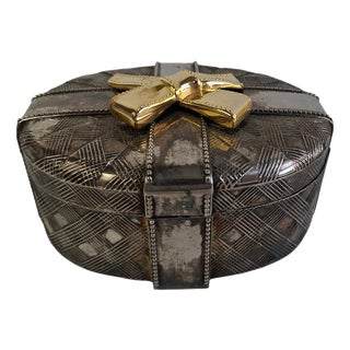 Vintage Silver Tone Geometric Jewelry Box with Gold Bow, 1980 For Sale