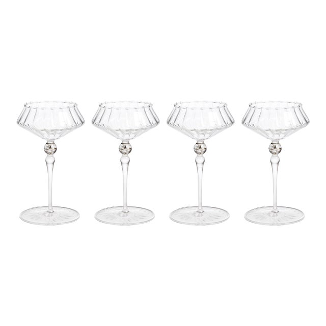 Ondine 4-Piece Set Fluted Coupe Glasses, Clear with Shadow Gray Accent For Sale