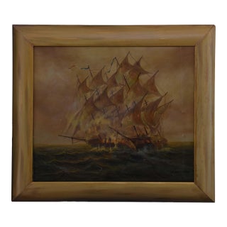 1950s Naval Engagement at Dusk Oil on Canvas by William Can, Framed For Sale