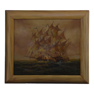 1950s Naval Engagement at Dusk Oil on Canvas by William Can, Framed