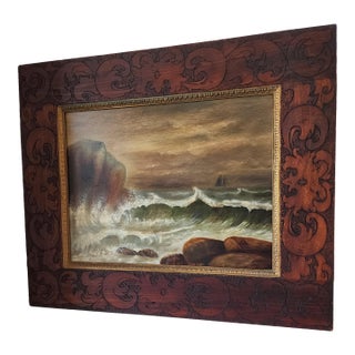 19th Century Dramatic Seascape Painting in Antique Arts & Crafts Pyrography Frame For Sale