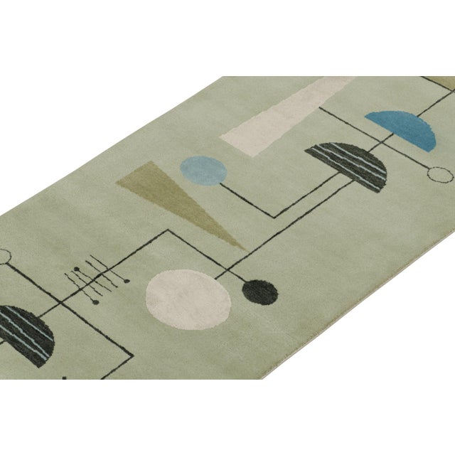 Rug & Kilim Midcentury Modern Runner in Green, Blue, White & Black Geometric Patterns For Sale - Image 4 of 7