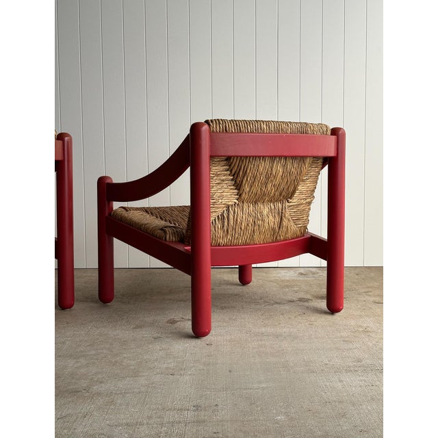 Pair of Vintage Red Lacquered Rush Lounge Chairs, Attributed to Vico Magistretti For Sale - Image 12 of 18