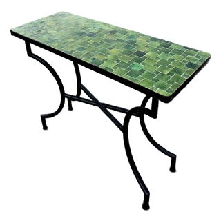 Moroccan Handcrafted Tamegroute Green Mosaic Console Table For Sale