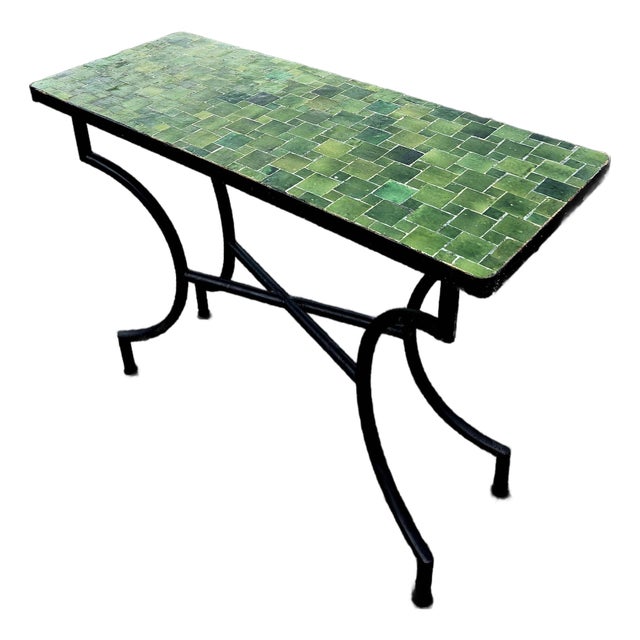 Moroccan Handcrafted Tamegroute Green Mosaic Console Table For Sale