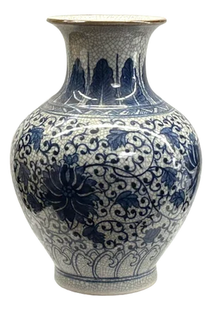 Orient Off White Crackle Blue Floral Pattern Pottery Ceramic Vase