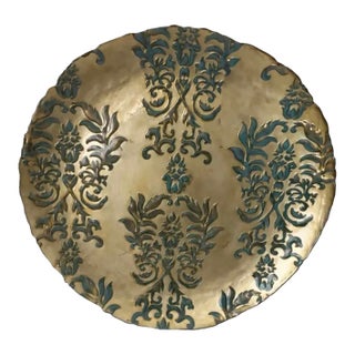 Monumental Mid 20th Century Old World Brass Charger With Verdigris Damask Relief For Sale