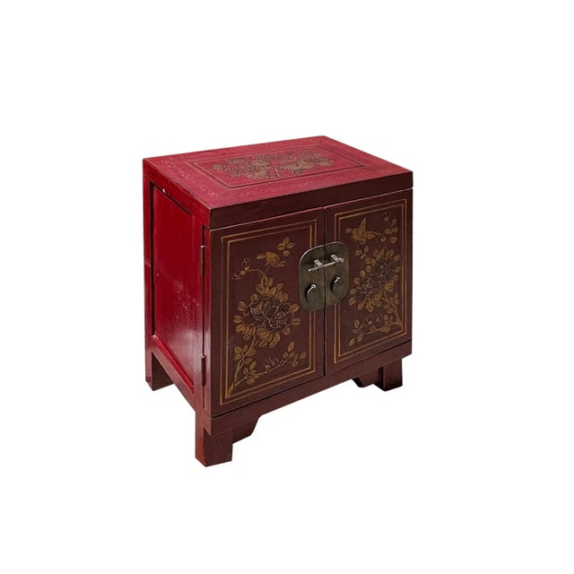 Chinese Distressed Brick Red Flower Birds Graphic End Table Nightstand For Sale - Image 4 of 6