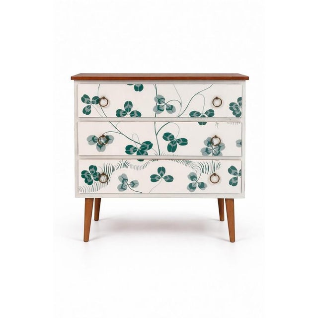 Wood Scandinavian Modern Teak Commode with Clover Wallpaper by Josef Frank For Sale - Image 7 of 10