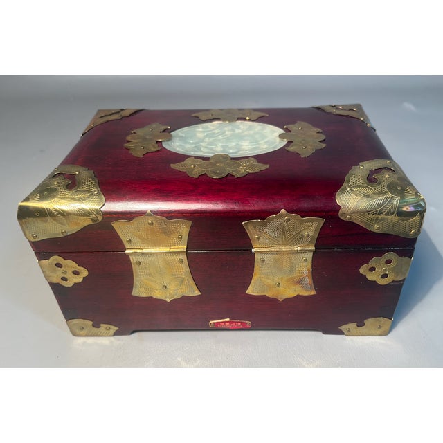 Rosewood Jewelry Box Brass Mounts Shanghai China Silk Brocade Lined For Sale In Providence - Image 6 of 9