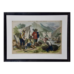 "California Gold Diggers": A 19th C. Hand-Colored Woodcut Gold Rush Scene, 1856