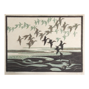 Early 20th Century Norbertine Von Bresslern-Roth Birds in Flight Woodcut