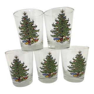 1950s Cuthbertson American Christmas Tree Double Old Fashioned Glasses Set of 5 For Sale