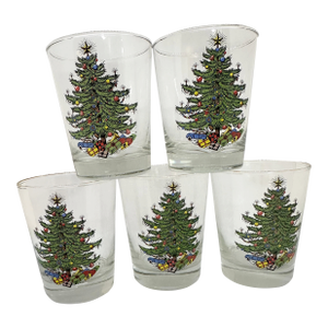 1950s Cuthbertson American Christmas Tree Double Old Fashioned Glasses Set of 5