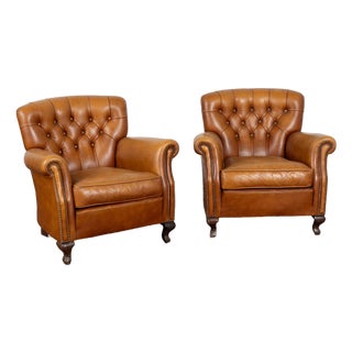 Pair, 20th Century Vintage Brown Leather Chesterfield Club Chairs For Sale