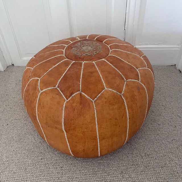 Vintage Light Tan Coloured Leather Pouf For Sale - Image 9 of 9