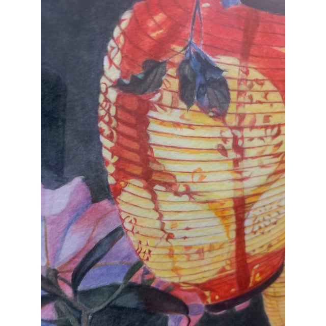 1990s 1990s Susan Arnold Signed Original Watercolor Painting Chinoiserie Lilies and Glowing Paper Lanterns in Faux Bamboo Frame For Sale - Image 5 of 6