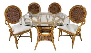 Rattan Glass Top Dining Table With 4 Balloon Back Chairs, New Sunbrella Fabric - Set of 5