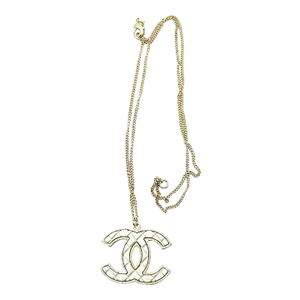 Chanel White CC Plaid Gold Frame Necklace