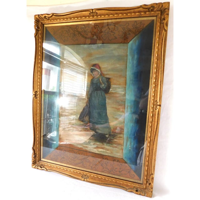 Large Vintage Figural Woman Gold Carved Wood Framed Print Wall Art Hanging New York For Sale - Image 4 of 14