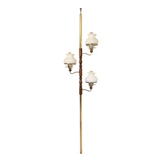 Mid-Century Brass and Walnut Tension Pole Lamp With Hobnail Milk Glass Shades For Sale