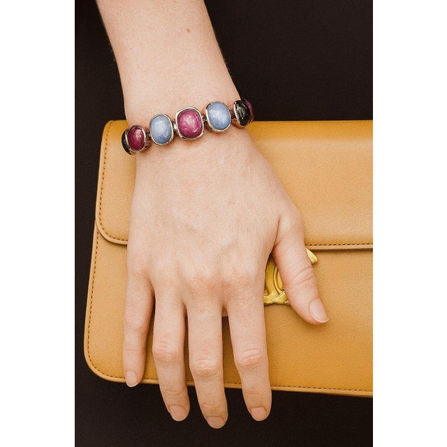 Bochic "Capri" Vintage Ruby & Multi Color Fancy Sapphires Cuff Set 18K & Silver For Sale - Image 9 of 11