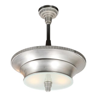 1930s Art Deco Brushed Aluminum & Frosted Glass Chandelier With Fluted Detailing For Sale