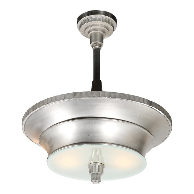 1930s Art Deco Brushed Aluminum & Frosted Glass Chandelier With Fluted Detailing For Sale