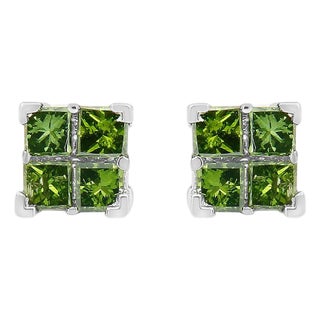 .925 Sterling Silver 3/8 Cttw Treated Green Princess-cut Diamond 4 Stone Composite Quad Stud Earring (Green Color, I1-I2 Clarity) For Sale