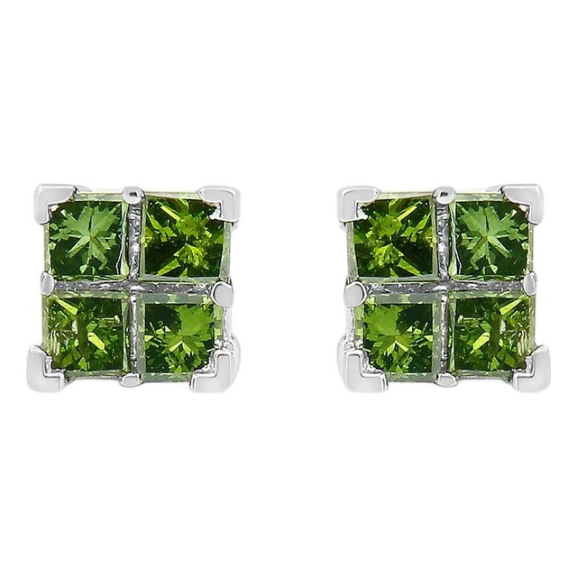 .925 Sterling Silver 3/8 Cttw Treated Green Princess-cut Diamond 4 Stone Composite Quad Stud Earring (Green Color, I1-I2 Clarity) For Sale