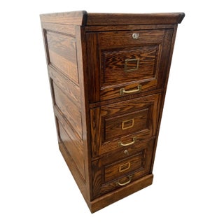 Vintage Tiger Oak File Cabinet Three Locking Drawers Paneled Sides Legal Size For Sale