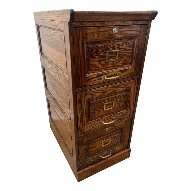 Vintage Tiger Oak File Cabinet Three Locking Drawers Paneled Sides Legal Size For Sale