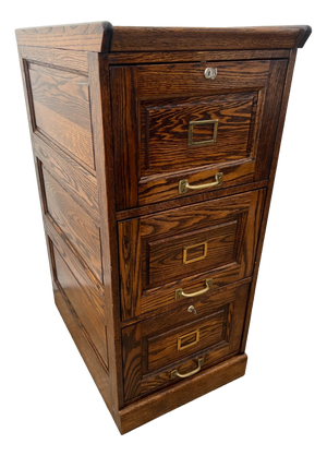 Vintage Tiger Oak File Cabinet Three Locking Drawers Paneled Sides Legal Size